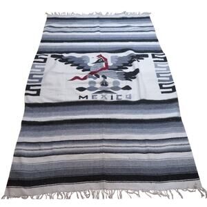 Southwest Mexico Design Rug Throw Woven Style Striped Gray Black Fringe 78x50